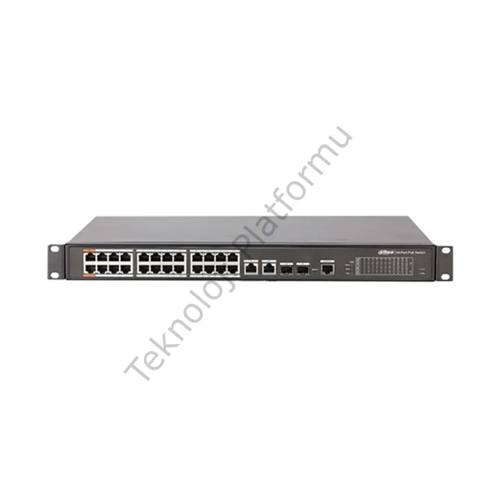 Dahua PFS4226-24ET-240 Dahua 24 Port 10/100 RJ-45 Girişli 24 Port 240W PoE2.0, 2 Port Gigabit RJ-45 Uplink, 2 Port Gigabit SFP Girişli Layer 2 Yönetilir Switch