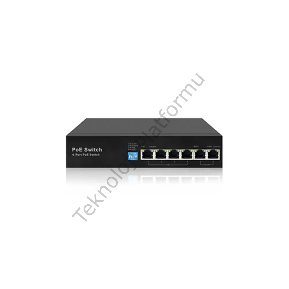 PS-1004E-2E 4 Port 10/100 RJ-45 Girişli 4 Port 60W AI PoE ve 2 Port 10/100 RJ-45 Uplink Yönetilmeyen Switch
