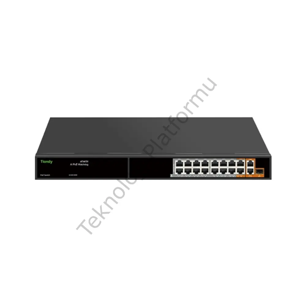 Tiandy PS-1014E2G-2G1SFP 16 Port 14 Portu 10/100, 2 Portu Gigabit RJ-45 Girişli 16 Port 300W AI PoE ve 2 Port Gigabit RJ-45 Uplink, 1 Port SFP Yönetilmeyen Switch