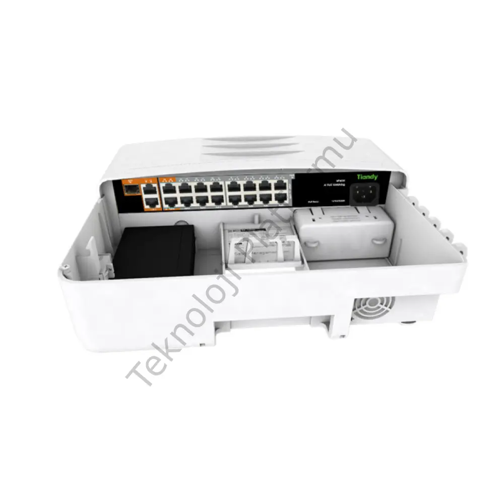 Tiandy HPS-3014E2G-2G1SFP 16 Port 14 Portu 10/100, 2 Portu Gigabit RJ-45 16 Port 300W AI PoE ve 2 Port Gigabit RJ-45 Uplink, 1 Port SFP Yönetilmeyen Switch (Su Geçirmez Dış Ortam)