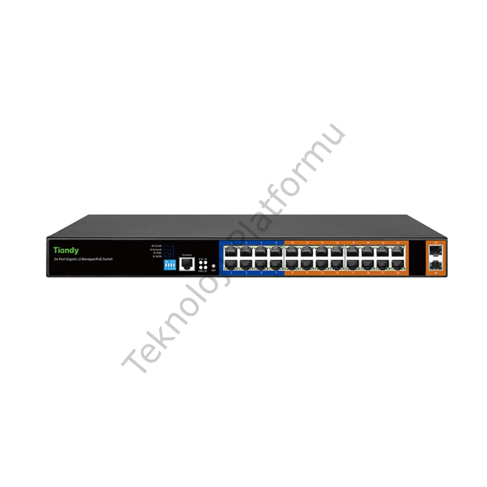 Tiandy YPS-3024G-2SFP-L2 24 Port Gigabit RJ-45 Girişli 16 Port 250W Hi-PoE, 2 Port Gigabit SFP Girişli, 1 Port Rs-232 Layer 2 Yönetilir Switch