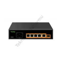 Tiandy PS-1004G-1G1SFP 4 Port Gigabit RJ-45 Girişli 4 Port 65W AI PoE ve 1 Port Gigabit RJ-45 Uplink, 1 Port SFP Yönetilmeyen Switch